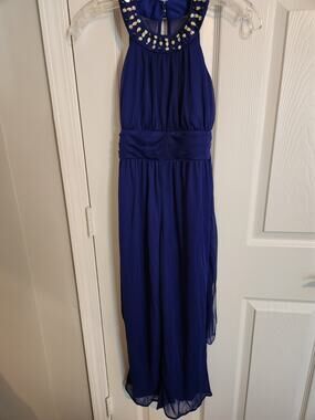 Poppies And Roses Womens Sleeveles Pantsuirt Blue Neckline Beaded Sz 12